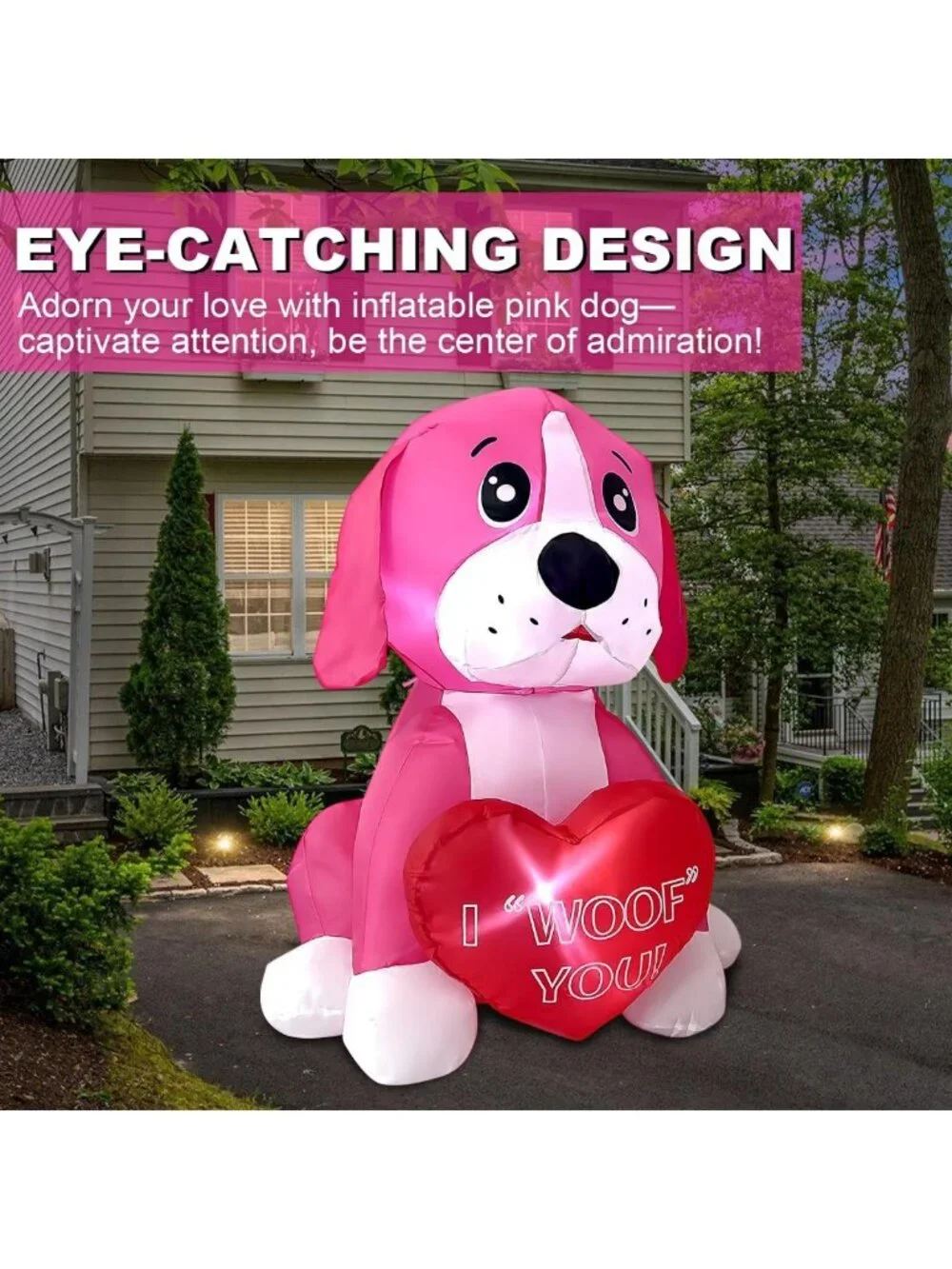 Pink Dog Inflatable with Heart - 4ft LED Lighted Decor for Mother's Day